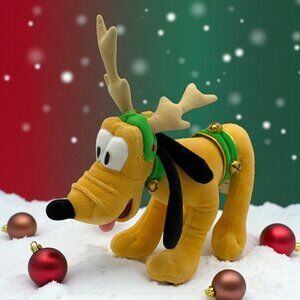 Disney Pluto Reindeer Plush Christmas Holiday Antlers & Bells 8" Collectible